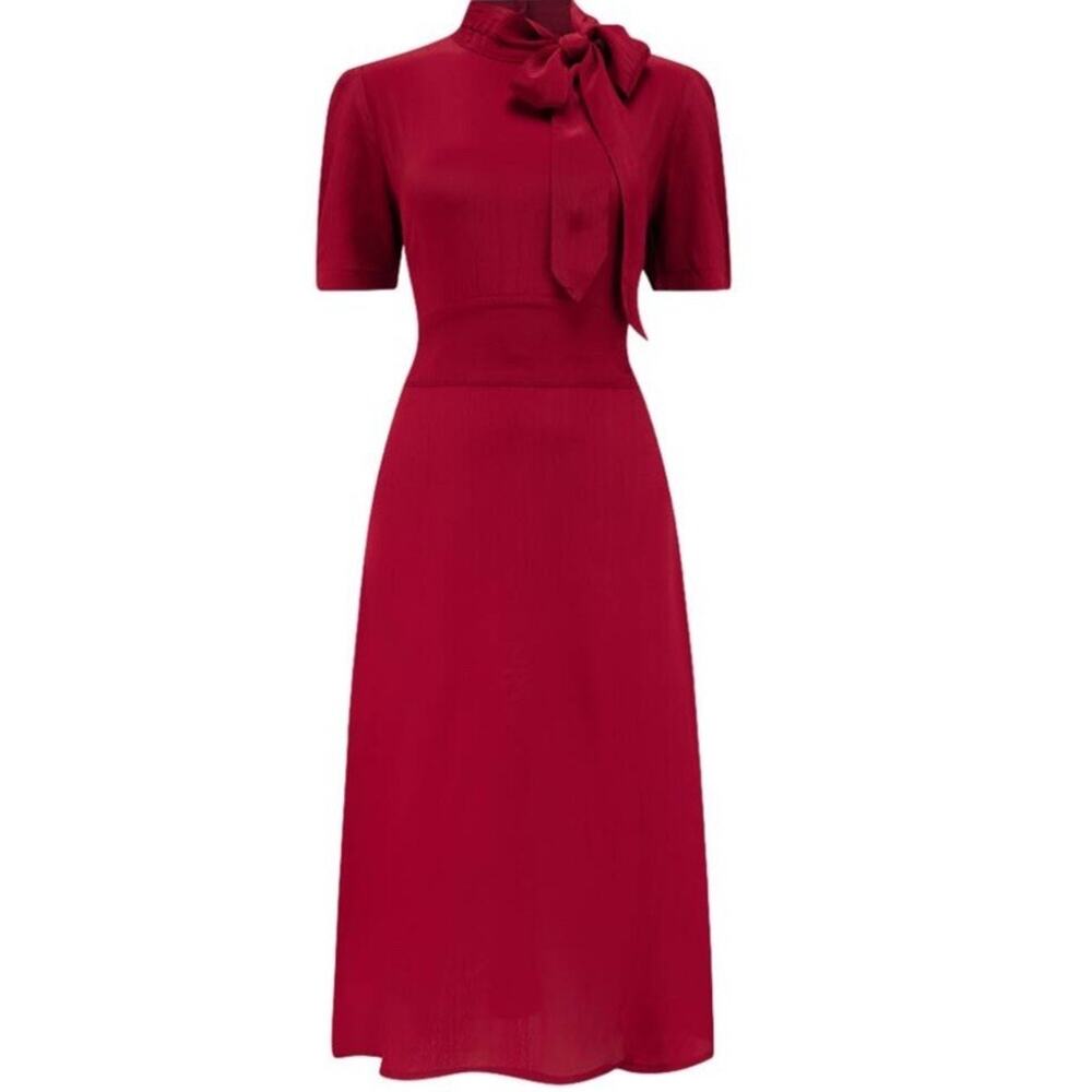 Burgundy 1940s Bow-Tie Neck Midi Dress, Retro Vintage Seamstress of Bloomsbury